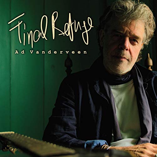 "Album cover with a man sitting at a table, green wooden wall background."