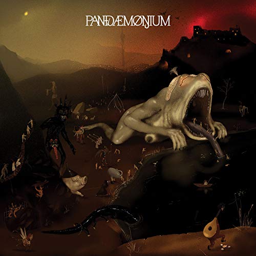 "Vinyl album cover with surreal, dark illustration of creatures and monsters in a landscape."