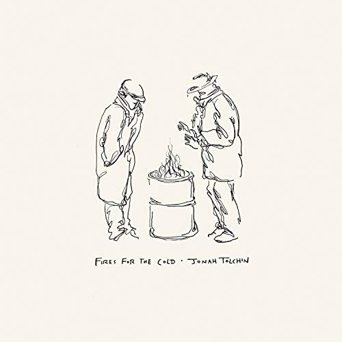Album cover with sketch of two men warming by a barrel fire, off-white background.
