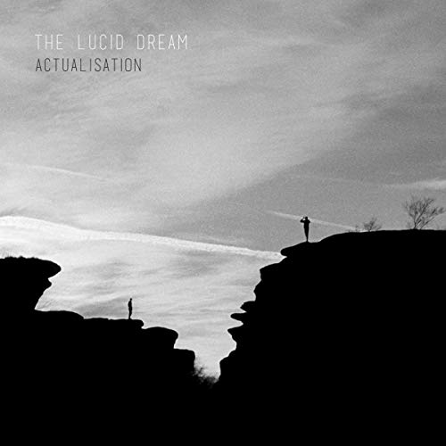 Black and white album cover with silhouetted figures on cliffs and cloudy sky.