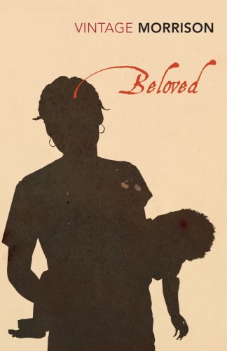 Book cover with silhouette of woman holding child, beige background, and red title "Beloved".