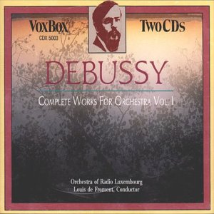 CD cover for Debussy's orchestral works, featuring a portrait and red, black border.