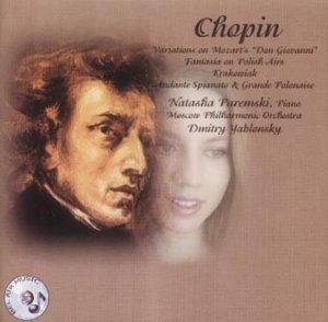 CD cover featuring Chopin and pianist Natasha Paremski, with text on a brown background.