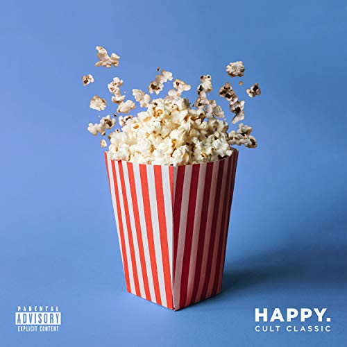 Red and white striped popcorn bucket overflowing with popcorn against a blue background.