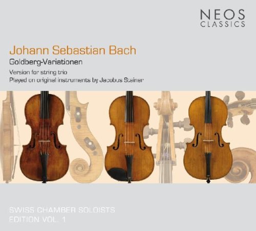 CD cover featuring three violins with text describing a Bach string trio recording.