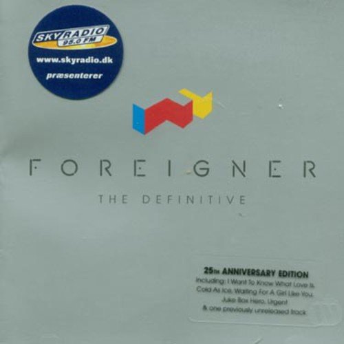 "Foreigner - The Definitive" CD cover with red, blue, and yellow logo on blue background.