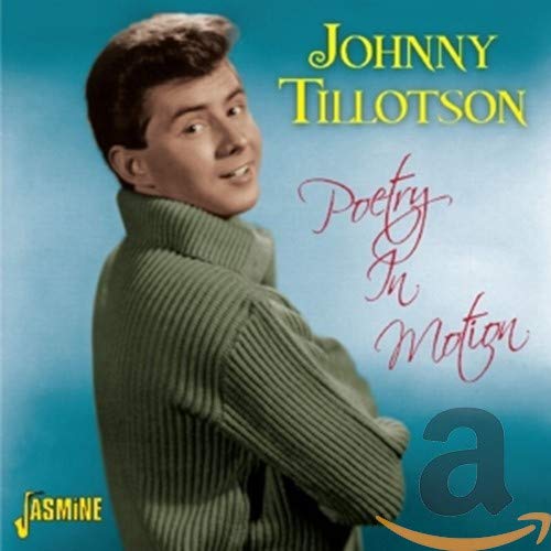 "Album cover with Johnny Tillotson in a green sweater, blue background, and text overlays."