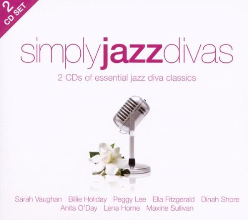 "CD cover with 'simply jazz divas' title, microphone, and flowers on a white background."