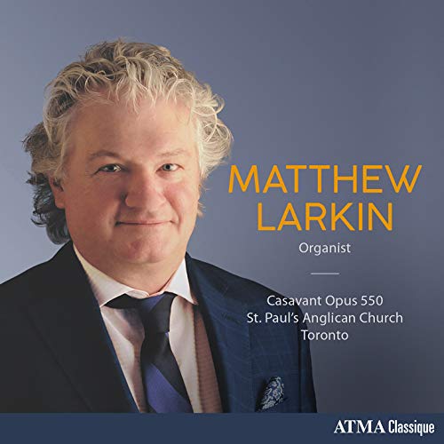 CD album cover featuring Matthew Larkin, an organist, in a suit against a blue background.