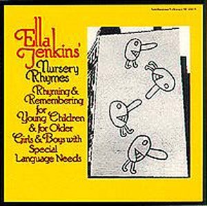 "CD cover with yellow background, text, and simple drawing of three cartoon characters."