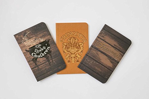 Three Harry Potter themed notebooks displayed together, with wood grain and gold designs.