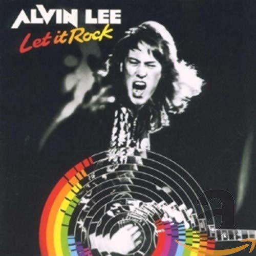 "Album cover with black-and-white photo of Alvin Lee playing guitar, rainbow graphic below."