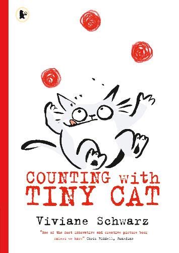 "Children's book cover featuring a cartoon cat juggling red balls, with red and black text."