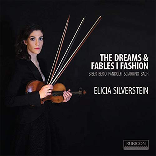 CD cover featuring a woman holding a violin and four bows against a black background.