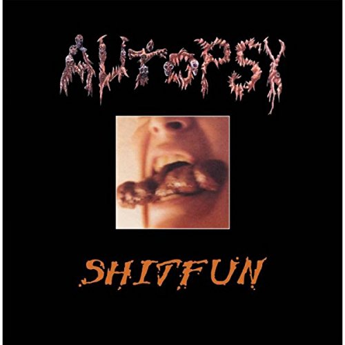 Album cover with "Autopsy" in red and "Shitfun" in orange, featuring a mouth with vomit.