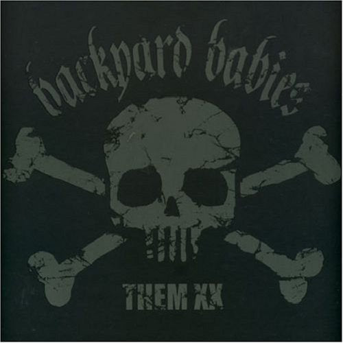 "Album cover with a grey skull and crossbones on a dark background."
