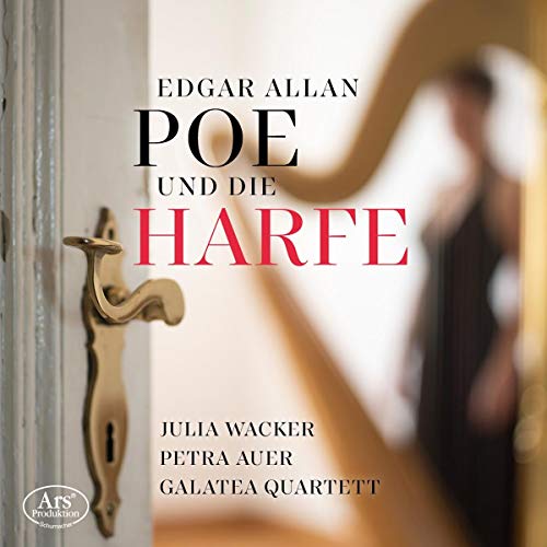 "CD cover with door ajar, harp, and blurred figure, featuring 'Edgar Allan Poe' in black."