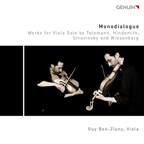 CD cover with black and white photo of man playing viola against black background.