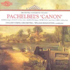 CD cover for Pachelbel's Canon, featuring a serene landscape painting with a white banner.
