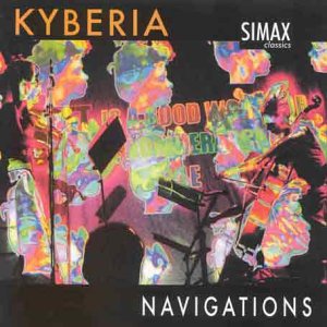 Kyberia album cover with abstract, multicolored musician silhouettes and text on a black background.