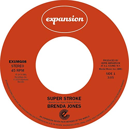 Orange vinyl record label with "expansion" logo and "Brenda Jones" text on a white background.
