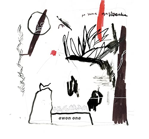 The image depicts a music CD cover with abstract black, red, and white artwork.