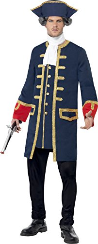 Man dressed in blue and gold pirate commander costume, holding a sword, against a white background.