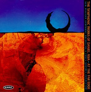 "CD cover with abstract landscape, blue sky, orange terrain, and black silhouette."