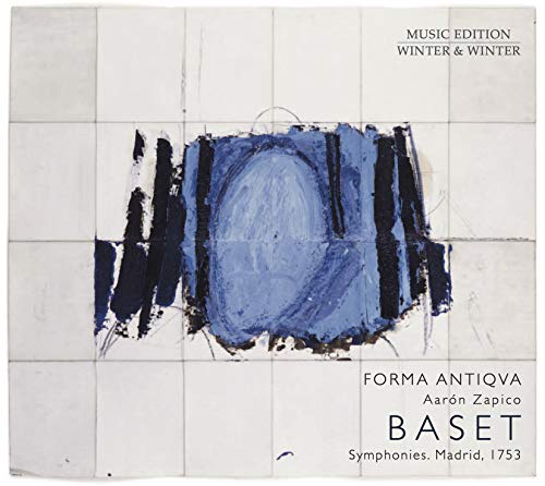 "Album cover with abstract blue and white design, featuring text 'FORMA ANTIQVA BASET Symphonies. Madrid, 1753'."