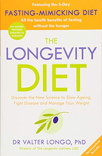 The image shows a book cover titled "The Longevity Diet" with an olive illustration.
