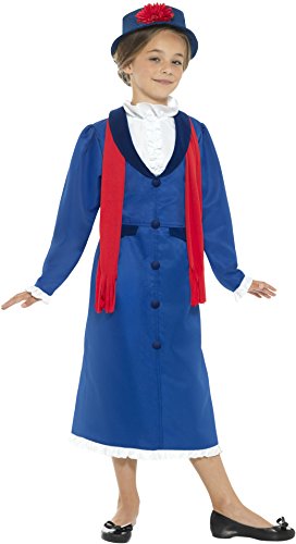 Young girl wearing a blue Victorian nanny costume with red scarf and hat.