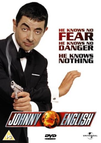 "Man in tuxedo holding a gun, Johnny English DVD cover with promotional text."