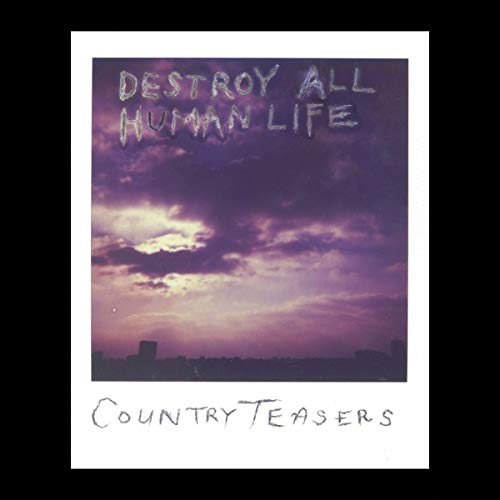 A Polaroid-style image of a purple sky with handwritten text "Destroy All Human Life".