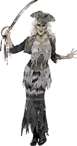 A woman in a tattered grey pirate costume holding a sword, with a white background.