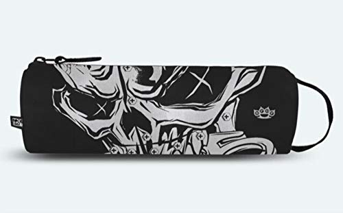 The image depicts a black pencil case featuring a white skull design. For accessibility purposes, a concise description of the image is: "A black pencil case with a white skull design on it." Alternatively, a more detailed description could be: "A black pencil case with a white illustration of a skull, accompanied by a small white crown logo on the right side and a zipper on the left." However, for alt text, a brief description within the 15-word limit is: "