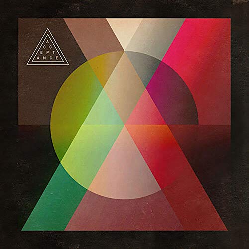 The image depicts a vinyl record cover with a geometric design. Alt text: Vinyl album cover with multicolored geometric shapes on a black background.