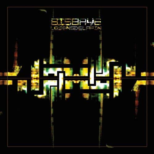 "Album cover with abstract cityscape at night and geometric design on a black background."