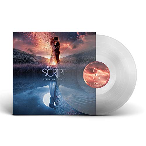 White vinyl record with album cover, featuring a couple embracing amidst a sunset.