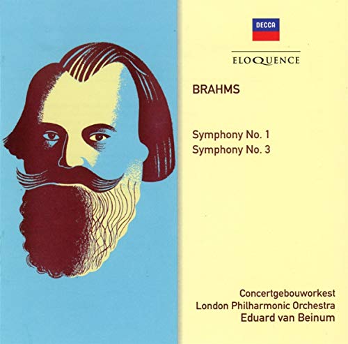 CD cover with stylized portrait of Brahms on blue and yellow background.