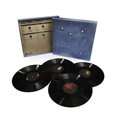 "Four black vinyl records with a blue and beige box set."