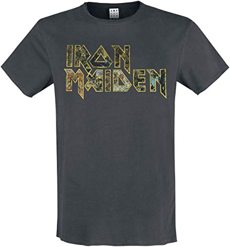 Charcoal grey t-shirt with "Iron Maiden" logo in yellow and grey distressed print.
