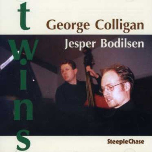 "CD cover with two men playing music, names and text on white and dark background."