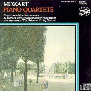 Mozart Piano Quartets CD cover featuring a serene 18th-century park scene with people strolling.