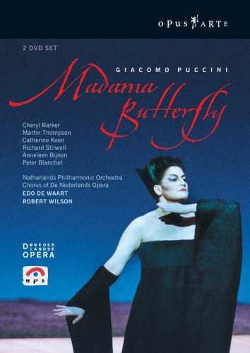 DVD cover for "Madama Butterfly" featuring a woman in a black dress against a blue background.