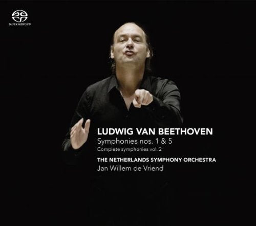 Conductor in black shirt against a black background with white text describing Beethoven's symphonies.