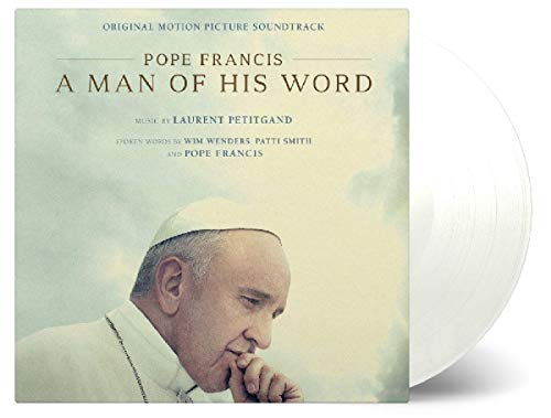 White vinyl record with cover featuring Pope Francis in contemplative pose, soft background.