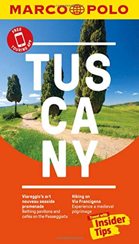 "Tuscany travel guide cover with a dirt path, cypress trees, and blue sky."
