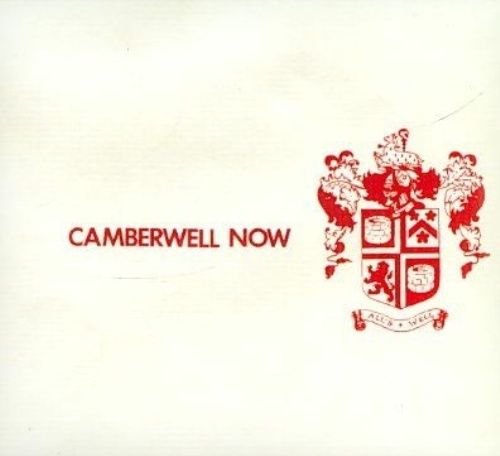 "Album cover with 'Camberwell Now' text and red crest on off-white background."