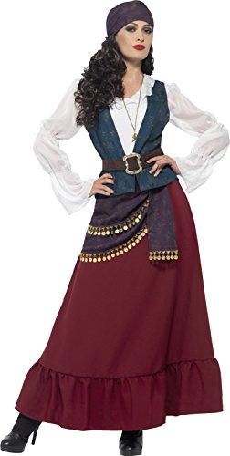 A woman in a pirate costume, featuring a maroon skirt and blue vest.