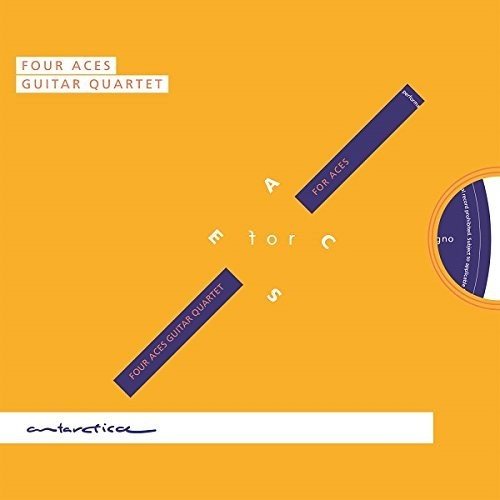 "CD cover with orange background, blue labels, and white text, displaying 'Four Aces Guitar Quartet'."